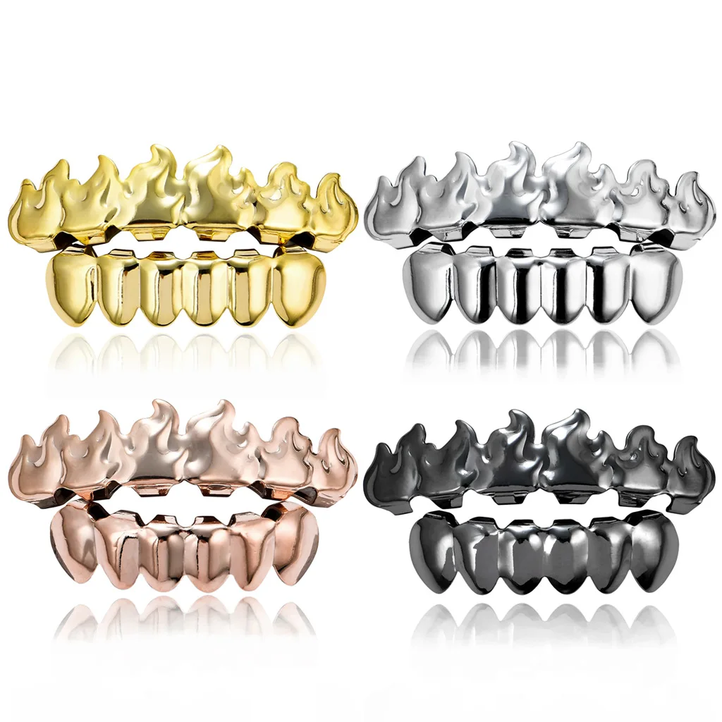 

Hip Hops Jewelry Real Gold Plated Flame Teeth Grillz Top Bottom Vampire Fangs Teeth Grills Set For Men