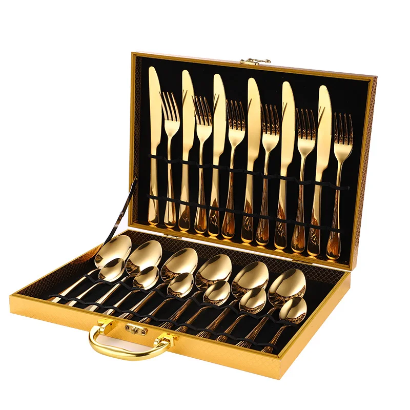 24 Piece Cutlery Set Stainless Steel Flatware Set for Restaurant Silverware Set with Gold Box, Silver/gold/rose gold/rainbow/black/blue
24 Piece Cutlery Set Stainless Steel Flatware Set for Restaurant Silverware Set with Gold Box, Silver/gold/rose gold/rainbow/black/blue