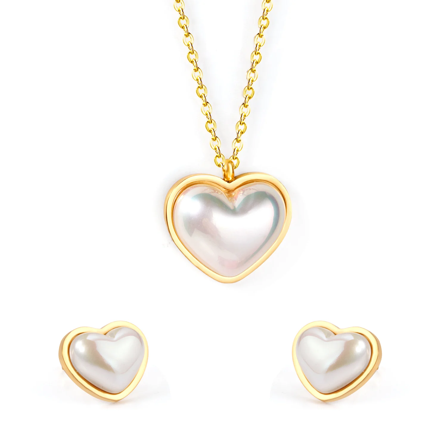 Special Design Stainless Steel 18k Heart Gold Plated Jewelry Necklace Pearl Pendant and Earring Jewellery Set, Gold/silver available
Special Design Stainless Steel 18k Heart Gold Plated Jewelry Necklace Pearl Pendant and Earring Jewellery Set, Gold/silver available