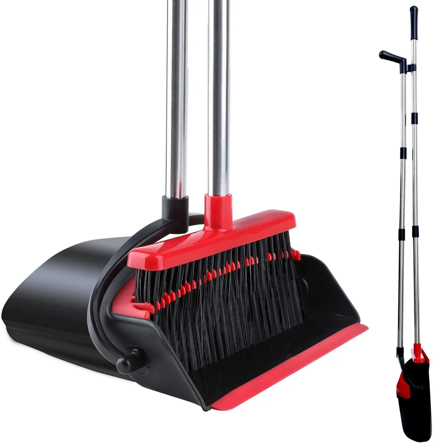 

Manufacturer whole sale Durable Material 3 in 1 sweeping tooth stick magic Long Handle folding metal broom and dustpan set, Red/black set