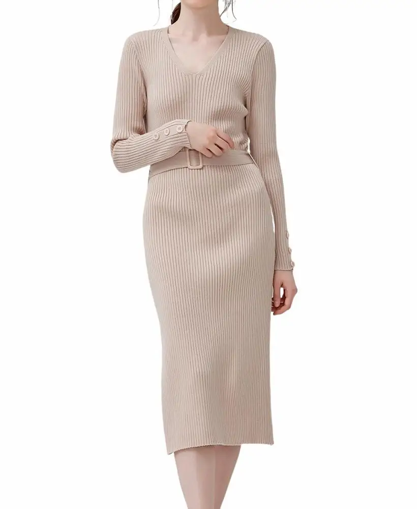 Winter Autumn Elegant V-neck fit solid ladies casual long knit dress 
Winter Autumn Elegant V-neck fit solid ladies casual long knit dress