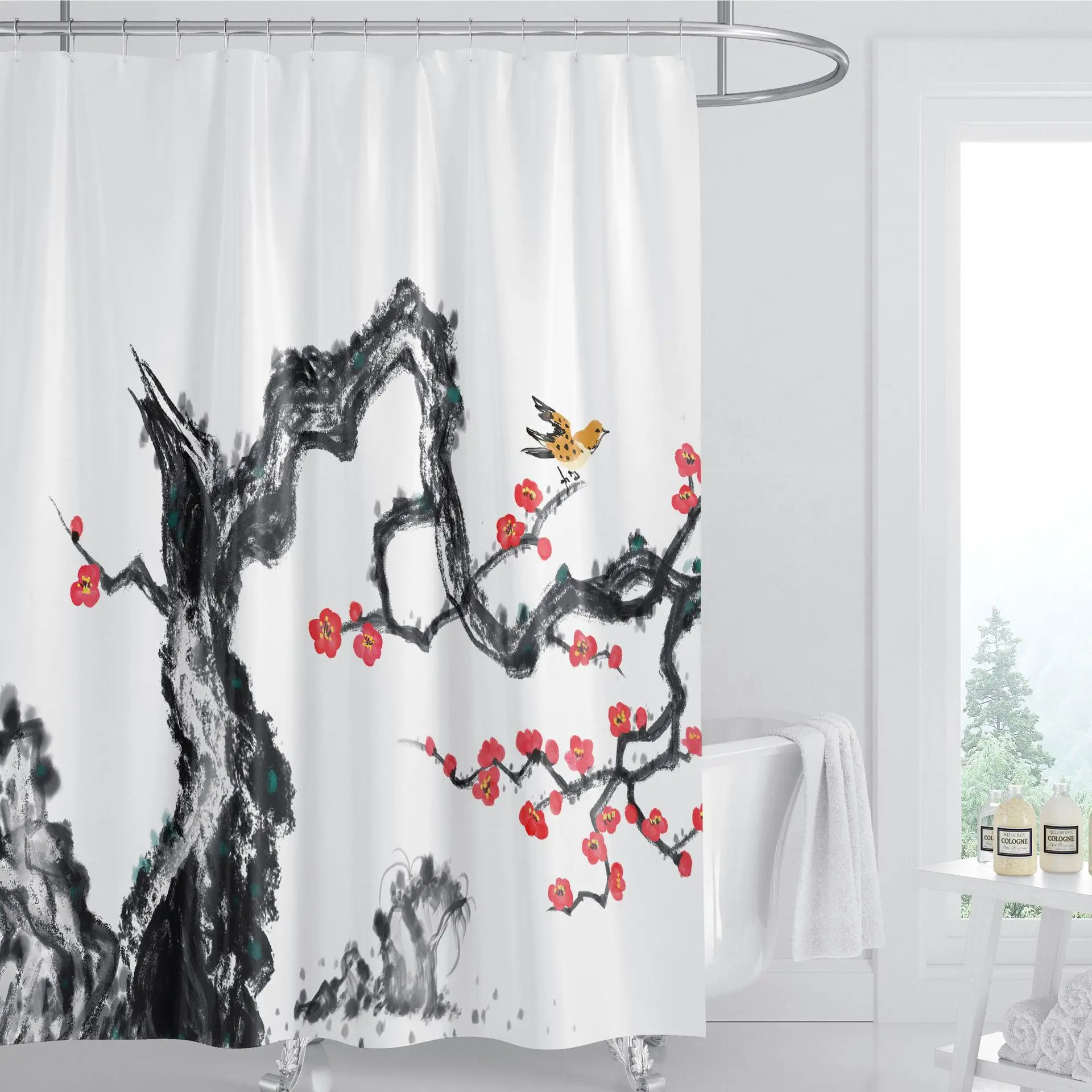 

Cherry Blossom Shower Curtain Floral Sakura Pink Plum Asian Style Japanese Chinese Painting Birds Fabric Polyester Waterproof, As color card
