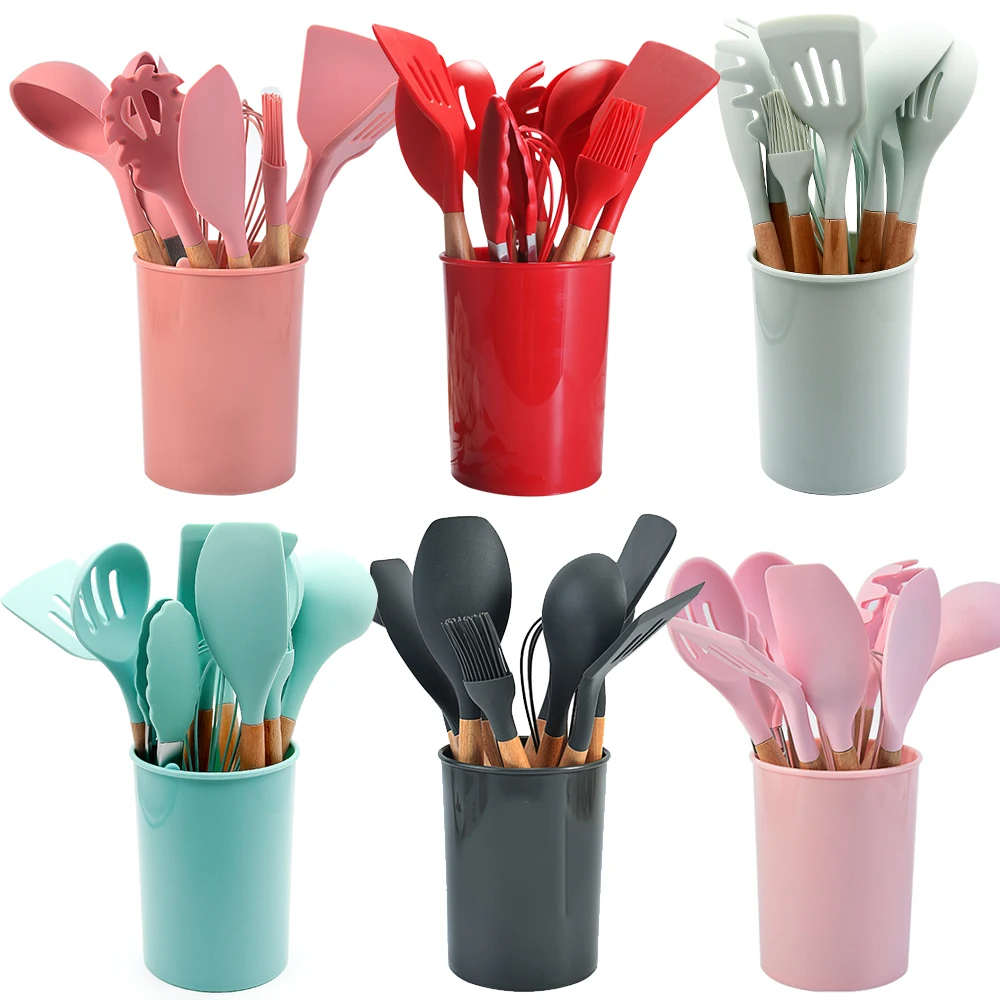 Amazon kitchenware 12pcs cooking tools with natural wood handle silicone cooking utensils set, Light green
Amazon kitchenware 12pcs cooking tools with natural wood handle silicone cooking utensils set, Light green