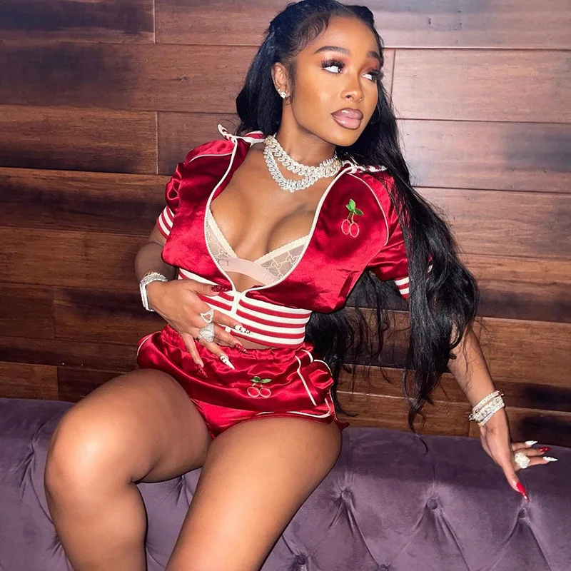 Dvacaman 2021 Trendy New Arrivals Casual Solid Color Women Sexy Embroidery Summer Short Sleeve Silk Sweat Shirt and Shorts Set, Red 
Dvacaman 2021 Trendy New Arrivals Casual Solid Color Women Sexy Embroidery Summer Short Sleeve Silk Sweat Shirt and Shorts Set, Red