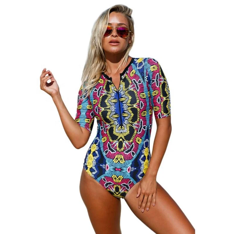 Women Beach Swimwear With Padded Abstract Print Zip Front Half Sleeve One Piece Swimsuit
Women Beach Swimwear With Padded Abstract Print Zip Front Half Sleeve One Piece Swimsuit