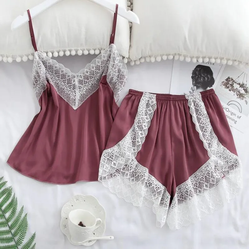 Wholesale Customized Girl Two Piece Sexy Comfort Seductive Transparent Lace Trim Sling Satin Silk Sleepwear Lingerie Short Set, 6 colors
Wholesale Customized Girl Two Piece Sexy Comfort Seductive Transparent Lace Trim Sling Satin Silk Sleepwear Lingerie Short Set, 6 colors