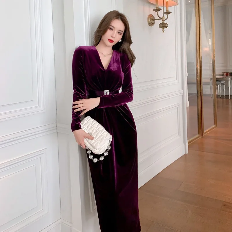 2021 New Fall Elegant V Neck Purple Long Dresses Female Slim Casual Dress Vestidos Long Sleeve Velvet Dress, Picture color
2021 New Fall Elegant V Neck Purple Long Dresses Female Slim Casual Dress Vestidos Long Sleeve Velvet Dress, Picture color
