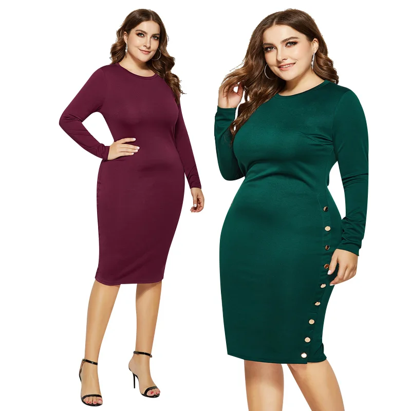 Spring Autumn Plus size long sleeve dress Professional ladies knee-length skirt Solid color simple plus women's dress FP6045
Spring Autumn Plus size long sleeve dress Professional ladies knee-length skirt Solid color simple plus women's dress FP6045