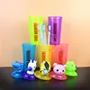 600ml Plastic Cartoon 3D Straw Animal Glass Juice Cup with Lid