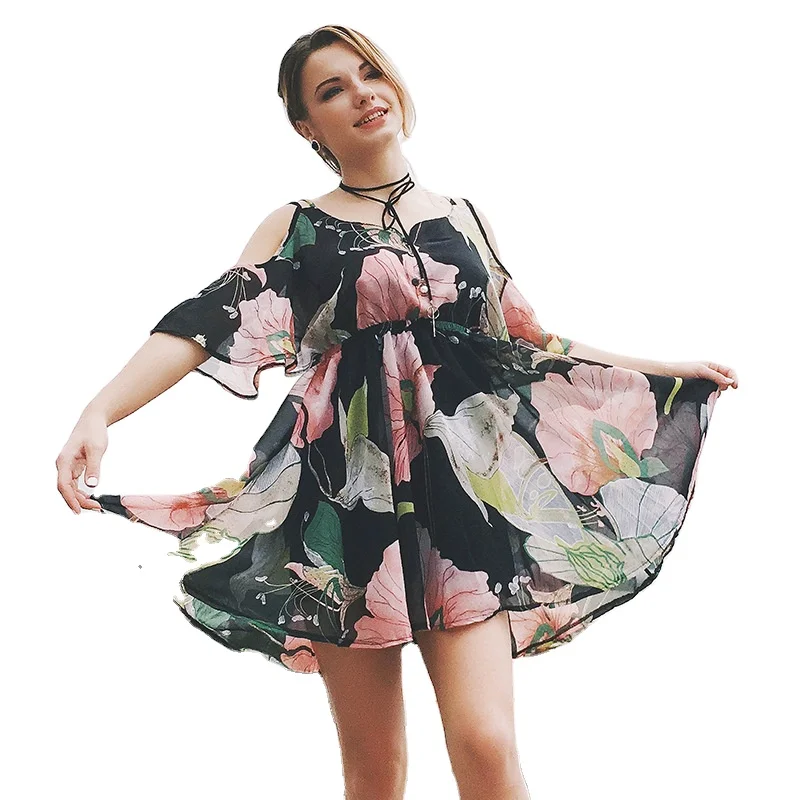 Plussize V-neck strapless dress with halter print, flounces chiffon dress, beach dress
Plussize V-neck strapless dress with halter print, flounces chiffon dress, beach dress