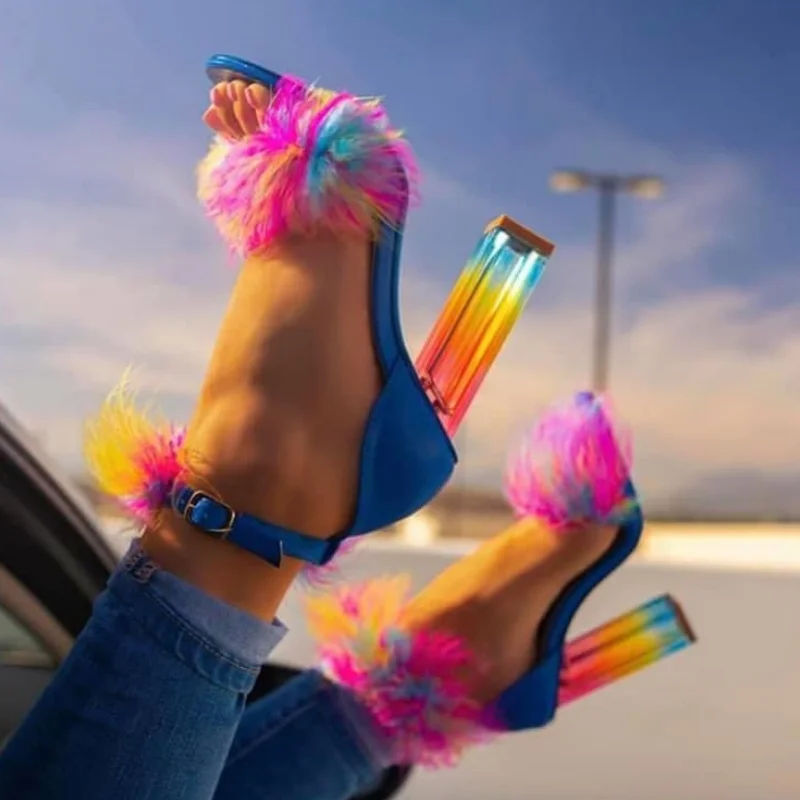 Rainbow Colorful Fashion Fur Women Dress Shoes Transparent Chunky Heel Lady High Heels Pumps Plus Size 35-46 Custom Logo Sandals
Rainbow Colorful Fashion Fur Women Dress Shoes Transparent Chunky Heel Lady High Heels Pumps Plus Size 35-46 Custom Logo Sandals