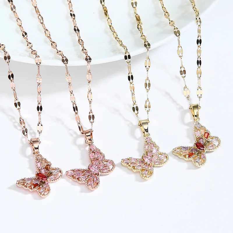 Titanium Steel Real 18k Gold Plated Zircon Butterfly Pendant Necklace Stainless Steel Pink Crystal Butterfly Necklace
Titanium Steel Real 18k Gold Plated Zircon Butterfly Pendant Necklace Stainless Steel Pink Crystal Butterfly Necklace