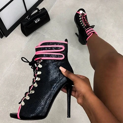 Animal Print Round Peep Toe Lace up Short Sexy Booty for Ladies Summer Sandal High Heel Women's Ankle Boots, Black snakeskin
Animal Print Round Peep Toe Lace up Short Sexy Booty for Ladies Summer Sandal High Heel Women's Ankle Boots, Black snakeskin