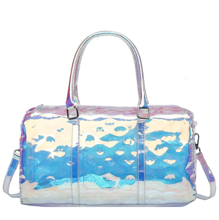 

Wholesale Ladies Clear Neon Tote Duffel Bag Custom Small Bling Cute Spinnanight Overnight Bag Transparent PVC Handbag, One color