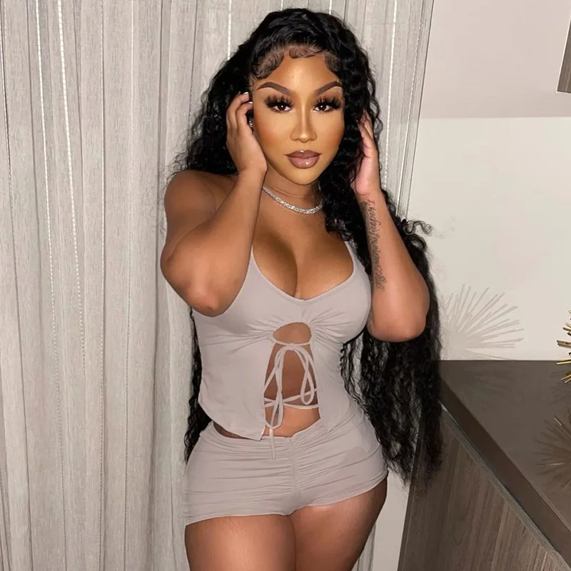 Sexy Lace Up Crop Top And Shorts Two Piece Sets Women Ruched Drawstring Backless Sports Matching Set Summer Fashion B1543
Sexy Lace Up Crop Top And Shorts Two Piece Sets Women Ruched Drawstring Backless Sports Matching Set Summer Fashion B1543