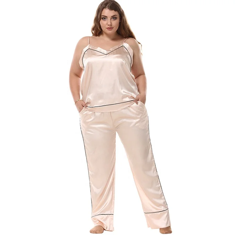 

Fall clothing plus size Ms Silk suspender trousers Home V-neck casual pajamas suit can be worn outside silk pajama set women