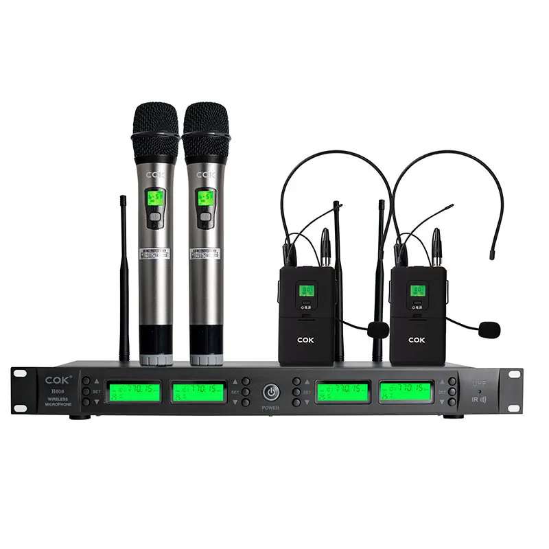 

Sistema de microfono de audio inalambrico dinamico profesional de 4 canales uhf con receptor de diversidad real