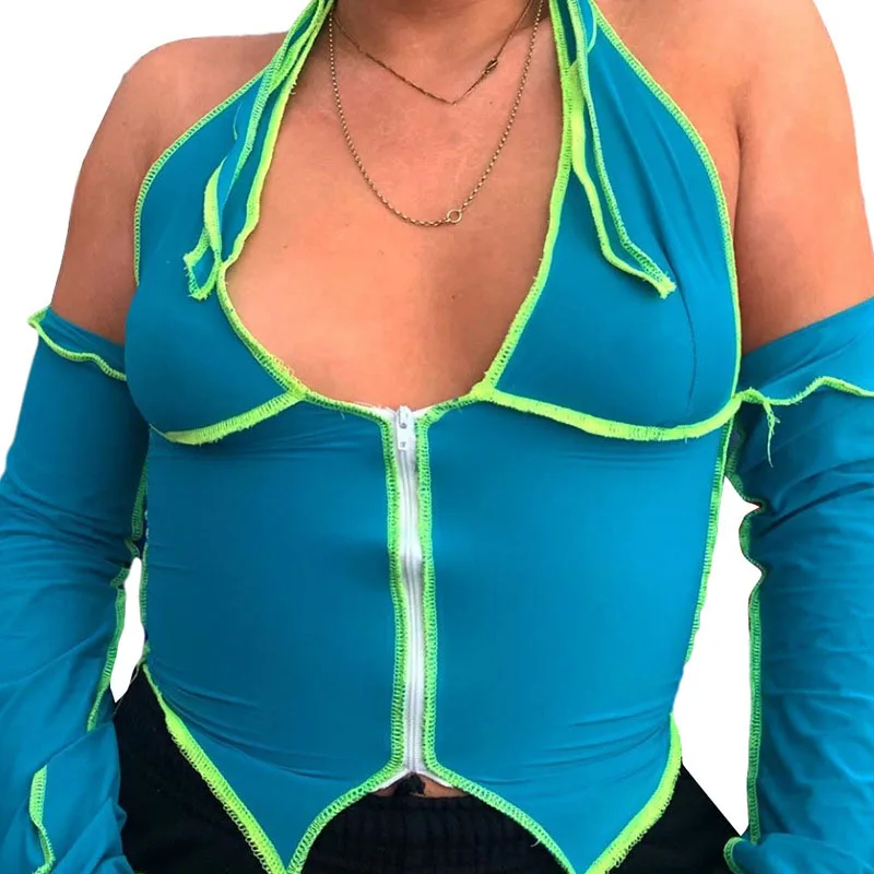 FS1446D new arrivals sexy tops women halter long sleeve zipper T shirts
FS1446D new arrivals sexy tops women halter long sleeve zipper T shirts