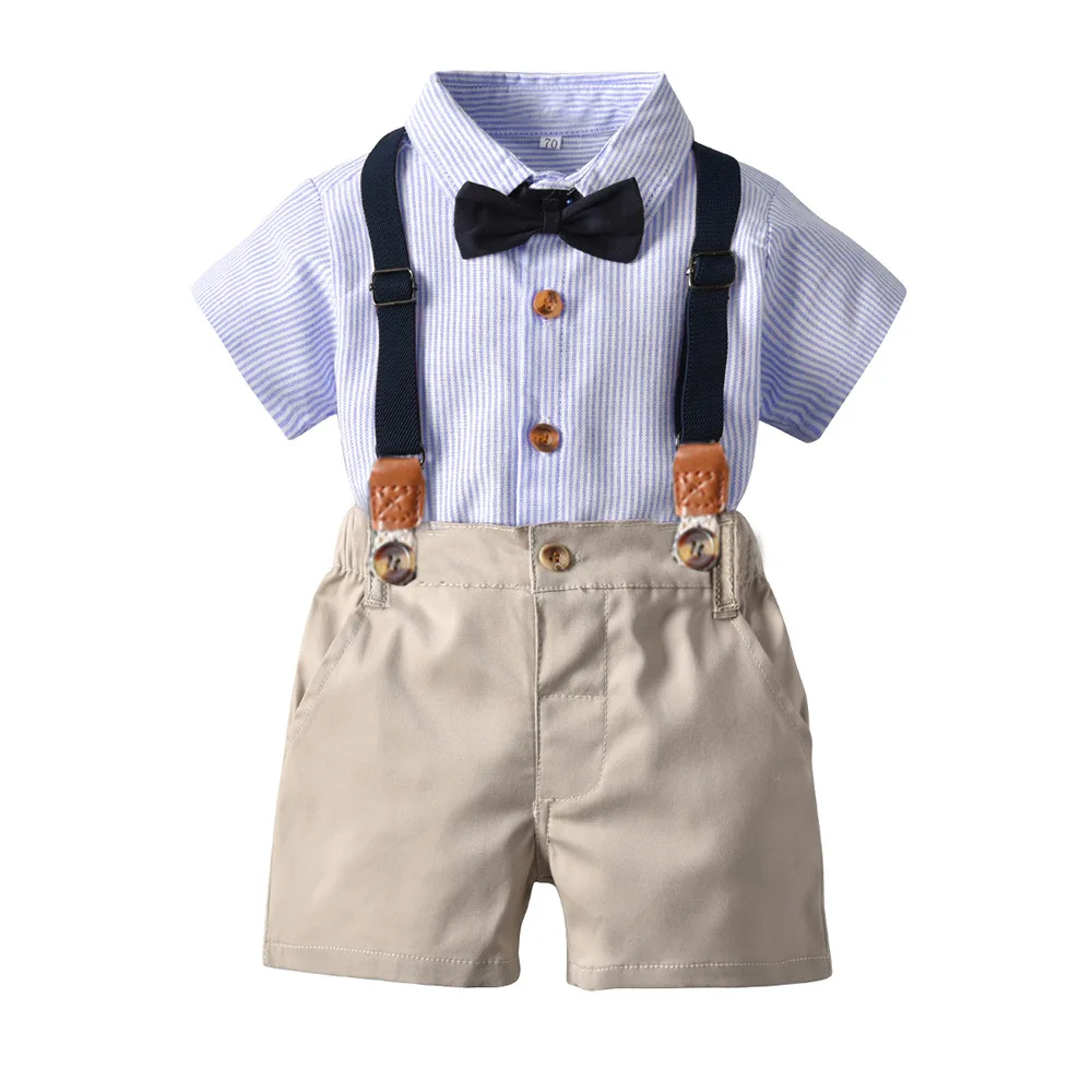

786 Summer Infant Toddler Baby Boy Clothing Gentleman Suit Striped Shirt BowTie+Suspender Shorts Formal Newborn Kid Clothes Set