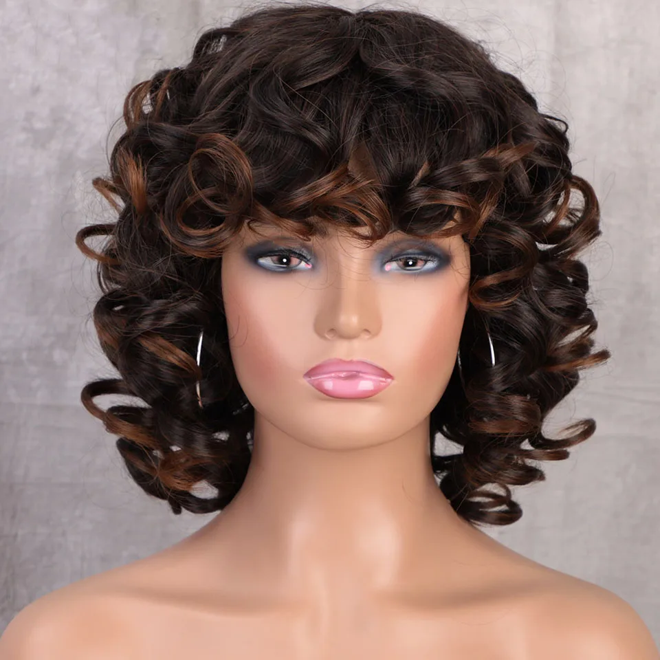 Private Label Short Curly Hair With Bangs Dark Brown Black Color Synthetic Wig for Woman African Heart temperature wigs
Private Label Short Curly Hair With Bangs Dark Brown Black Color Synthetic Wig for Woman African Heart temperature wigs