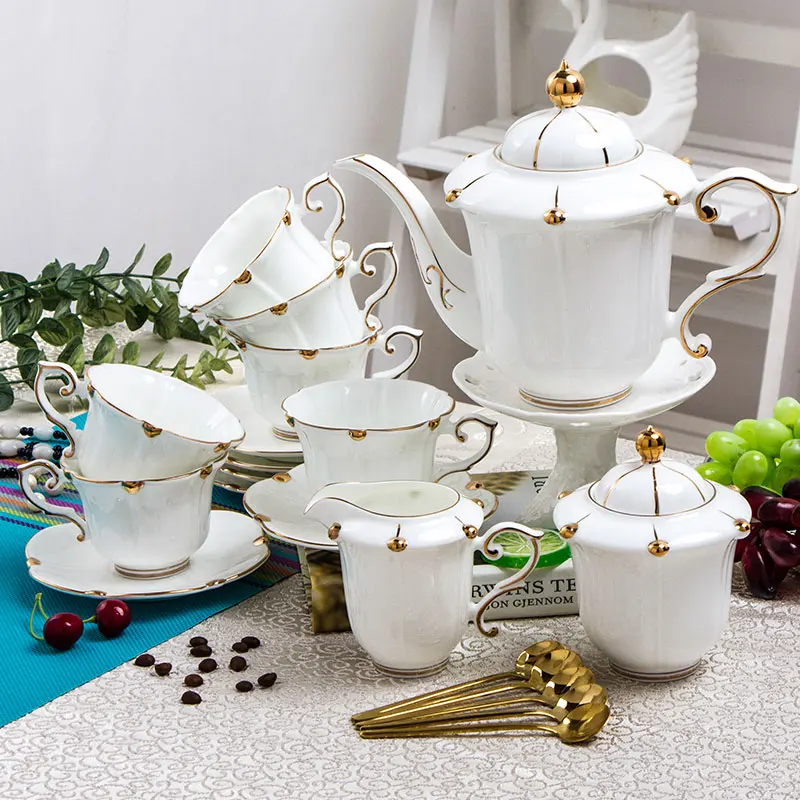 White Gold design Luxury Fine Bone China Good Quality Large capacity Custom Tea Sets