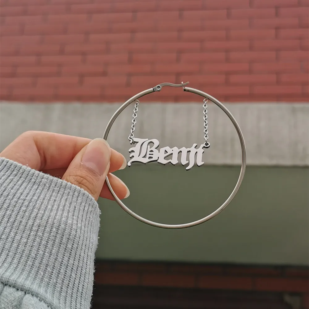 Oversize Letter Hoop earring 24K-Gold silver Rose-gold Plated stainless steel round Circle dangle custom name earring
Oversize Letter Hoop earring 24K-Gold silver Rose-gold Plated stainless steel round Circle dangle custom name earring