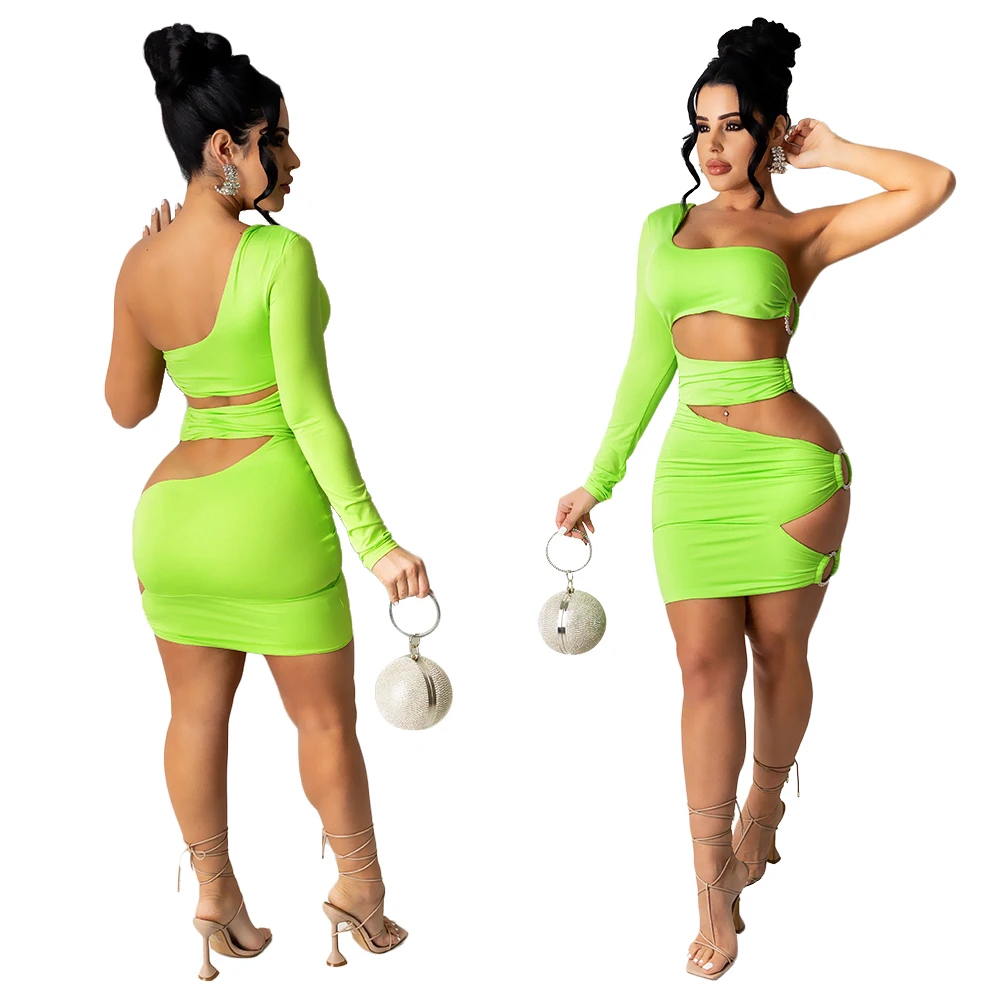 CL-258 New Arrival One Shoulder Single-Sleeve Iron Ring Dress Women Clothing Summer Hollow Sexy Solid Color Women's Dress, Green
CL-258 New Arrival One Shoulder Single-Sleeve Iron Ring Dress Women Clothing Summer Hollow Sexy Solid Color Women's Dress, Green