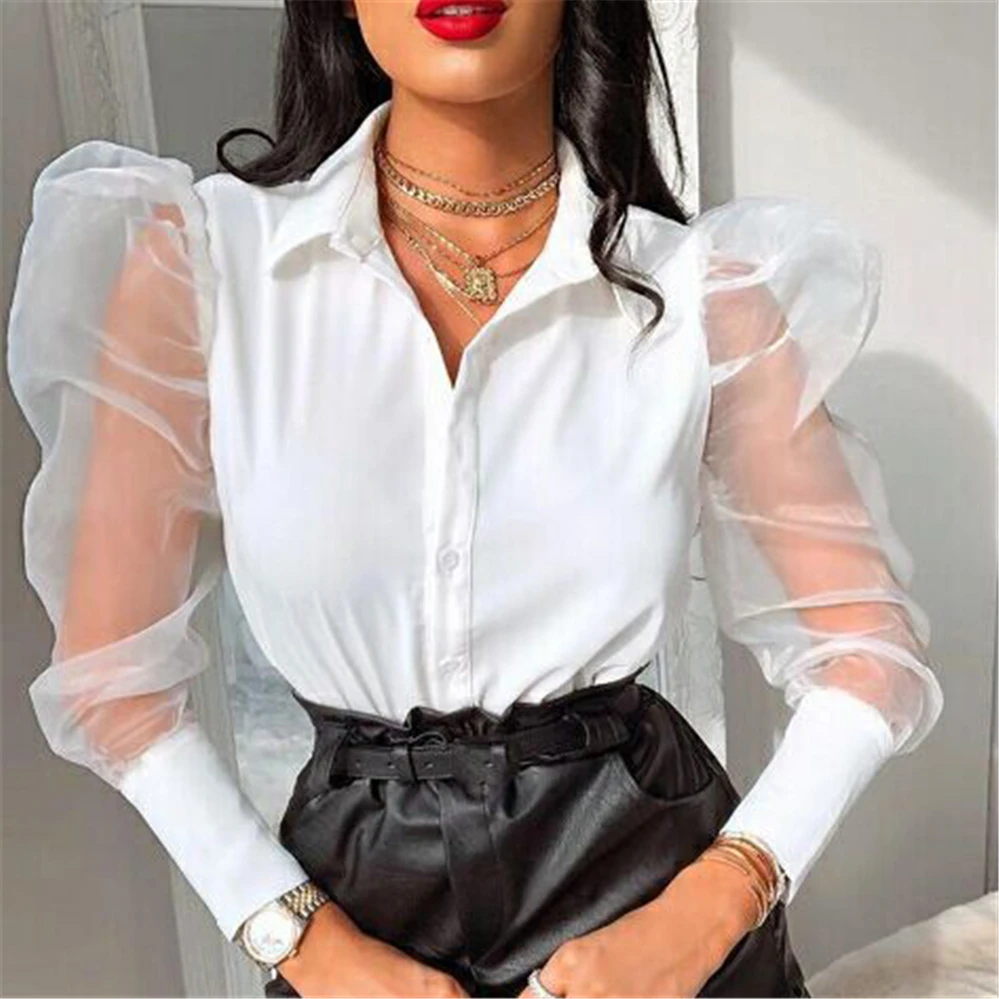 Womens Fashion Blouse Perspective Bubble Sleeve V Neck Button Elegant Blouses Tops Ladies Shirts
Womens Fashion Blouse Perspective Bubble Sleeve V Neck Button Elegant Blouses Tops Ladies Shirts