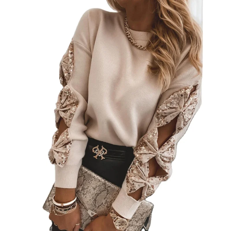 Ladies Elegant Sweaters Solid Lace Sequin Patchwork Long Sleeve Jumpers Fashion O-Neck Bow Hollow Out Tops Women Casual Pullover
Ladies Elegant Sweaters Solid Lace Sequin Patchwork Long Sleeve Jumpers Fashion O-Neck Bow Hollow Out Tops Women Casual Pullover