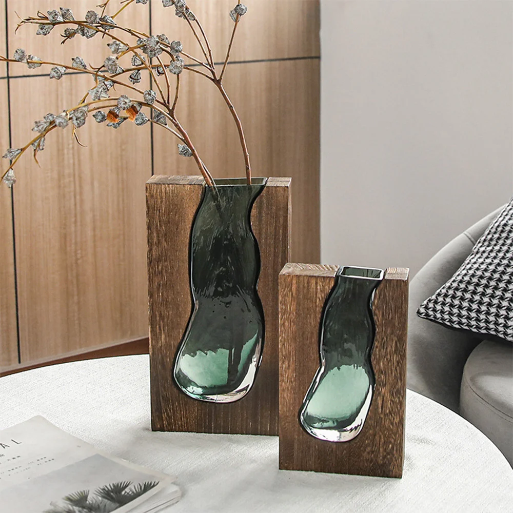 Modern home decoration dark green glass floral new Chinese style wooden vase 
Modern home decoration dark green glass floral new Chinese style wooden vase