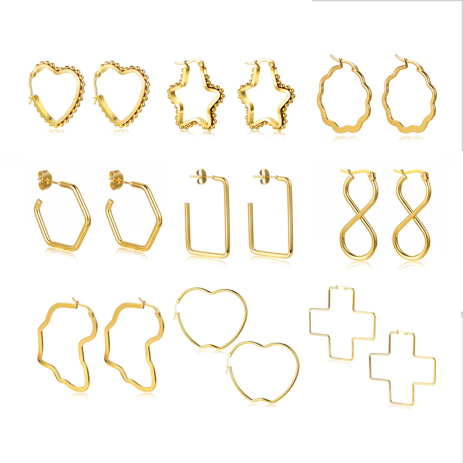 Custom New Stainless Steel 18K Gold Plated Women Bead Irregular Geometric Square Star Cross Heart Hoop Earring
Custom New Stainless Steel 18K Gold Plated Women Bead Irregular Geometric Square Star Cross Heart Hoop Earring