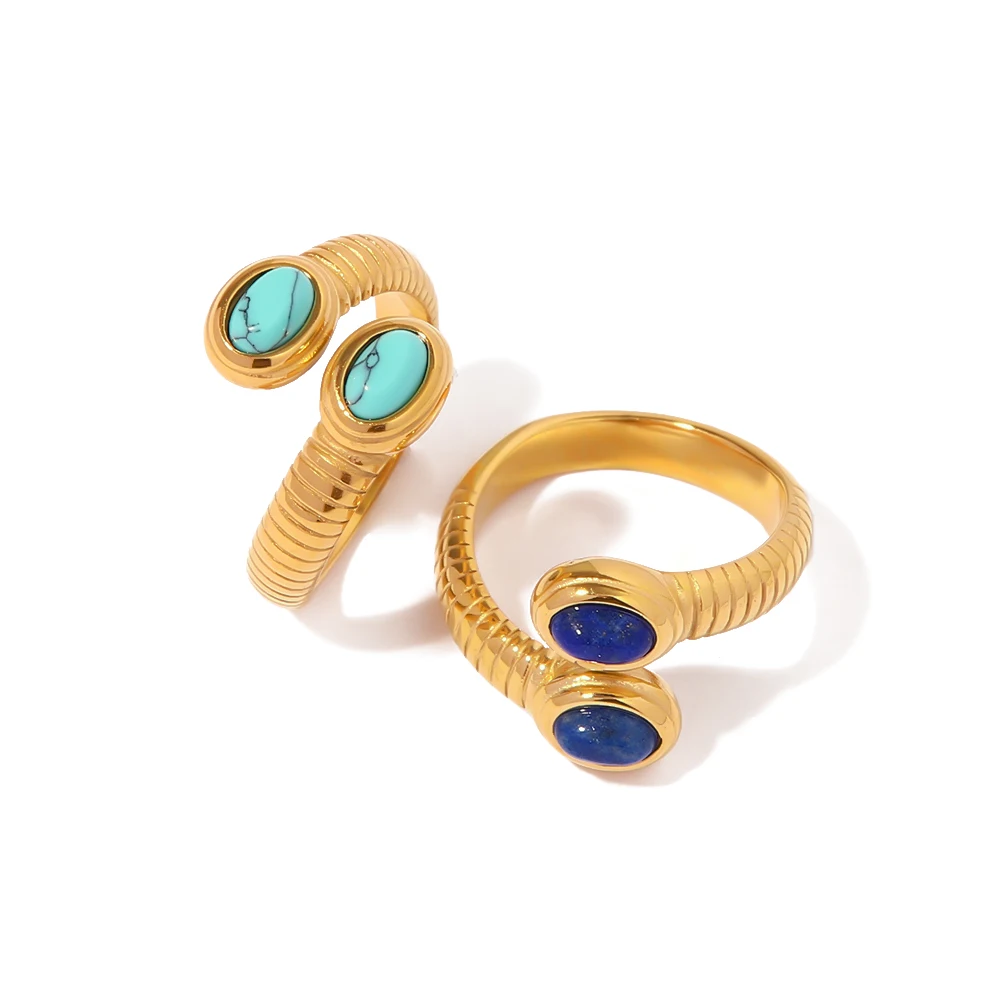 

Waterproof 18k Gold Plated Stainless Steel Jewelry Open Thread Inlaid Lapis Lazuli Turquoise Snake Rings