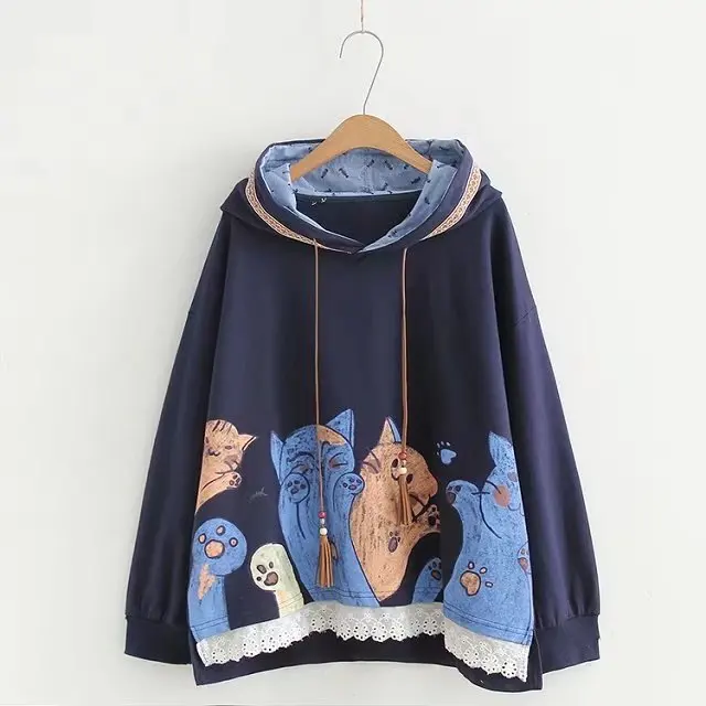 Cat Printed Hoodies Female Lace Patchwork Hem Autumn Outerwear 2021 New Women's Funny Loose Hooded Tracksuit Sweatshirts, Different colors and support to customized
Cat Printed Hoodies Female Lace Patchwork Hem Autumn Outerwear 2021 New Women's Funny Loose Hooded Tracksuit Sweatshirts, Different colors and support to customized