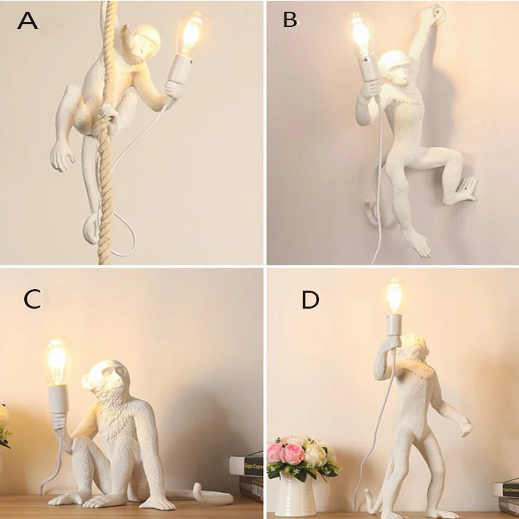Art Decor Resin Animal Sculpture Wall Decorative Monkey lamps Rope table lamp led hanging Ceiling decor Pendant light