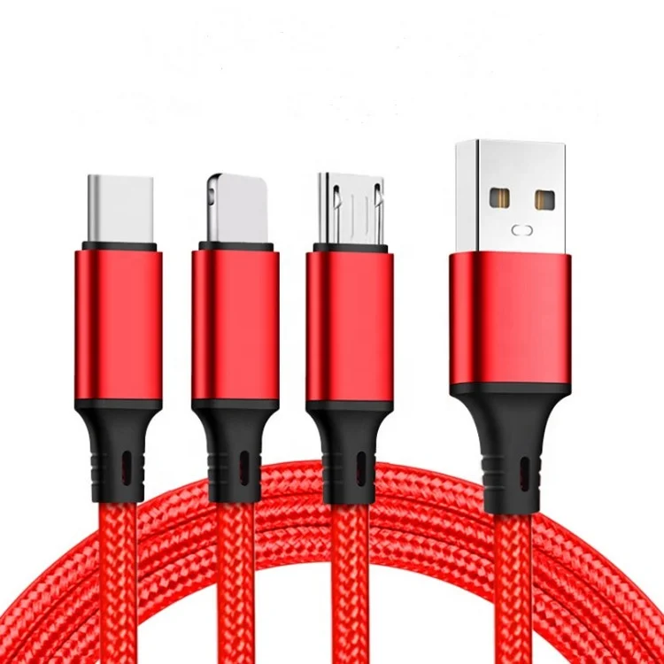 Factory OEM Charging cable 3 in 1 Nylon Braided pass 2A micro usb type C phone charger cable for iphone samsung huawei, Red/purple
Factory OEM Charging cable 3 in 1 Nylon Braided pass 2A micro usb type C phone charger cable for iphone samsung huawei, Red/purple