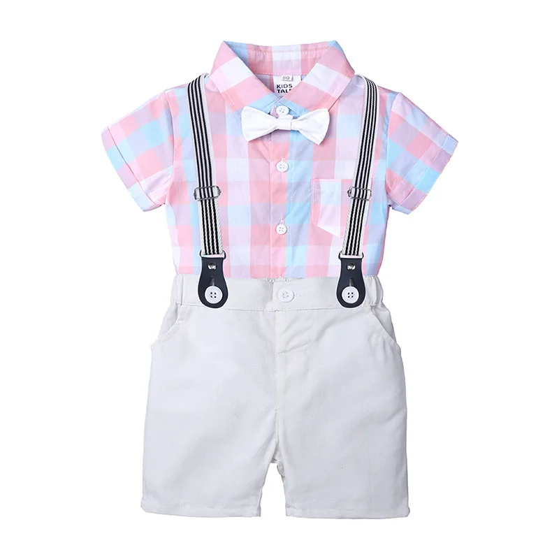 

Wholesale Cheap Fashion Clothes Pink Checked Romper And White Pant Baby Boy Romper Gentleman Set With Very Cute Bow Tie, As picture