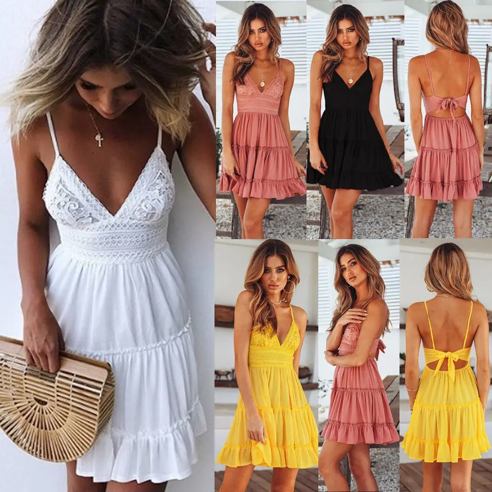 Summer Women Summer Dress Sexy Bow Backless V-neck Mini Beach Dresses Sleeveless Mini Ruffle White Summer Beach Dress
Summer Women Summer Dress Sexy Bow Backless V-neck Mini Beach Dresses Sleeveless Mini Ruffle White Summer Beach Dress
