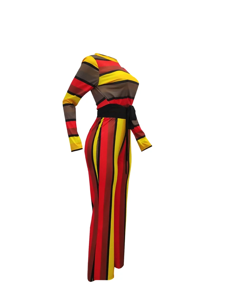 C90567 Fashion long sleeve t shirt wide leg pants color stripe printing two piece set for woman