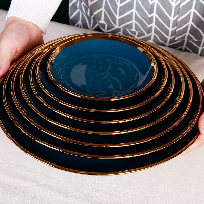 

Custom Glossy Blue Luxury Round Dish Ceramic Dinner Plate with gold rim for Restaurant Home