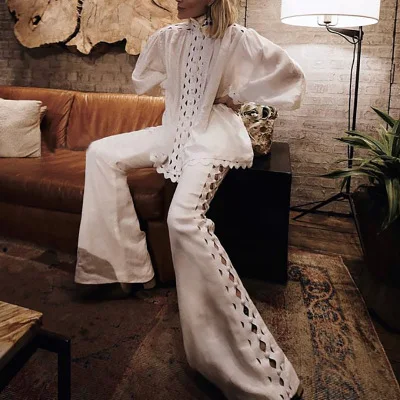 High-waisted cotton and hemp jacket long wide leg pants new popular hollowed out two piece set women
High-waisted cotton and hemp jacket long wide leg pants new popular hollowed out two piece set women