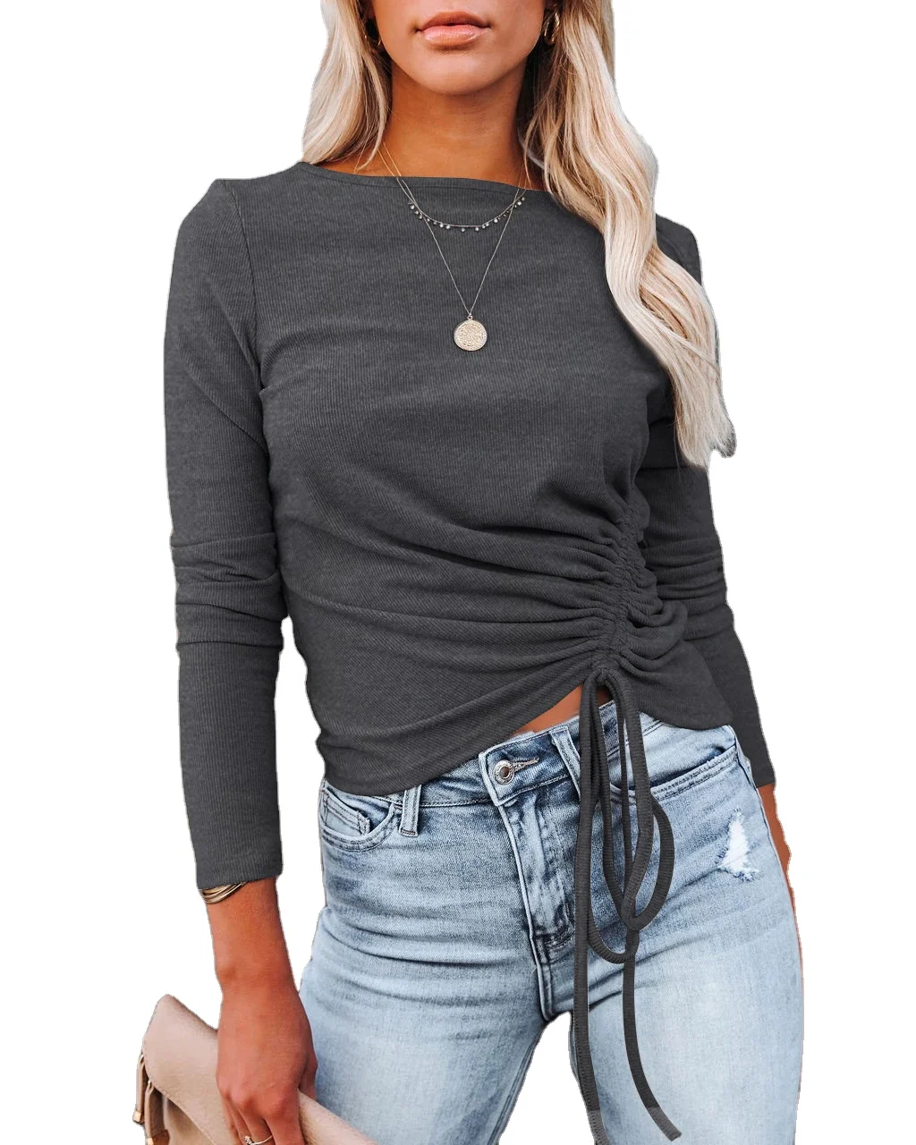 Fashion women clothes autumn and winter solid color thin sweater drawstring tops casual daily shirts, As picture
Fashion women clothes autumn and winter solid color thin sweater drawstring tops casual daily shirts, As picture
