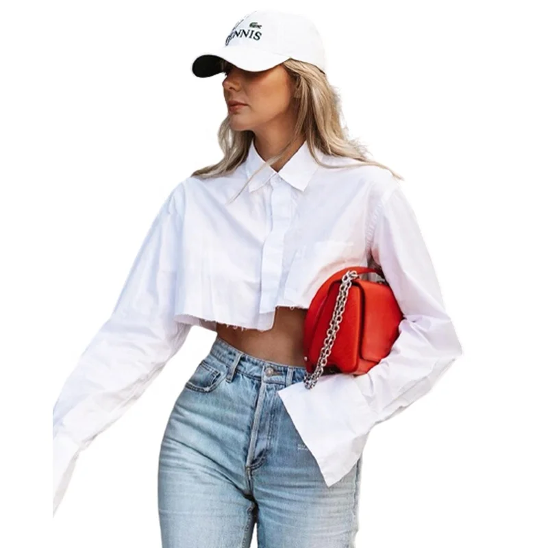Hot sale irregular design short white long-sleeved shirt temperament Crop top women's clothing
Hot sale irregular design short white long-sleeved shirt temperament Crop top women's clothing