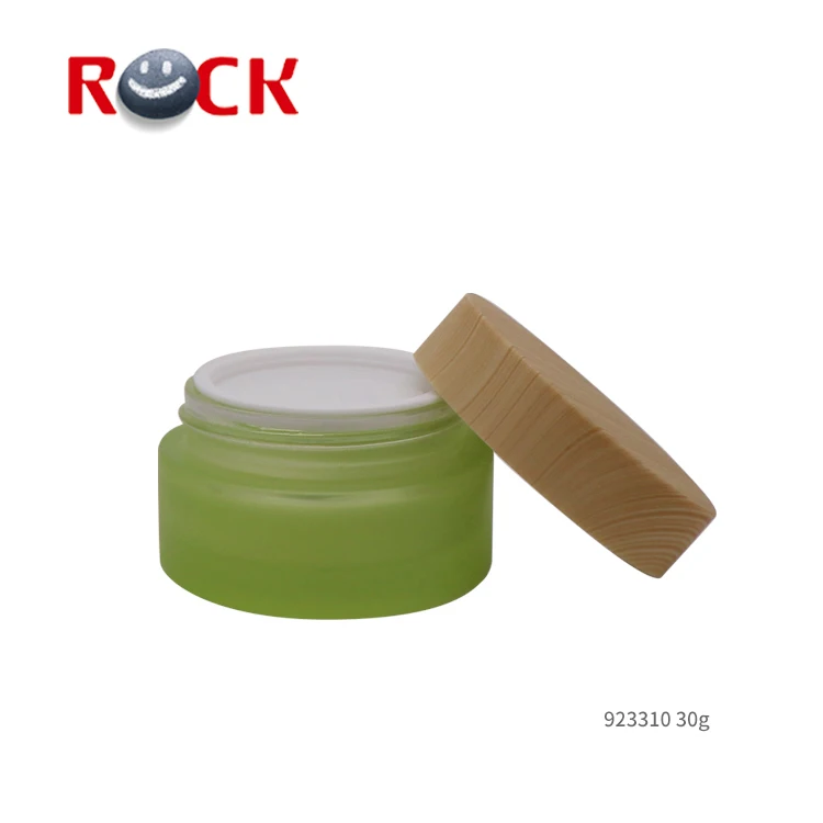 30G Green empty frosted cream glass jar bottle with bamboo lid