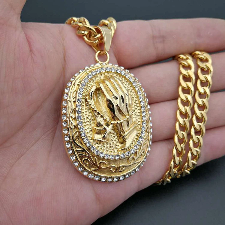 Religious Hip Hop Stainless Steel Jewelry Gold Plated Diamonds Two Hand Prayer Box Necklace Pendant
Religious Hip Hop Stainless Steel Jewelry Gold Plated Diamonds Two Hand Prayer Box Necklace Pendant