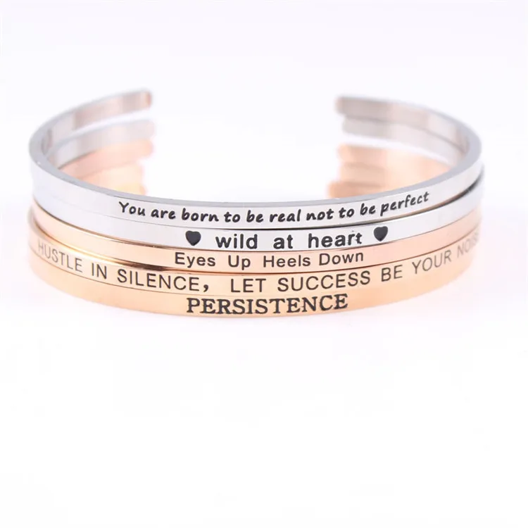

Wholesale Custom Engraved Logo Ladies Jewellery 18k Gold Plated Women Cuff Bracelets,316 Stainless Steel Lettered Open Bracelet, Picture shows