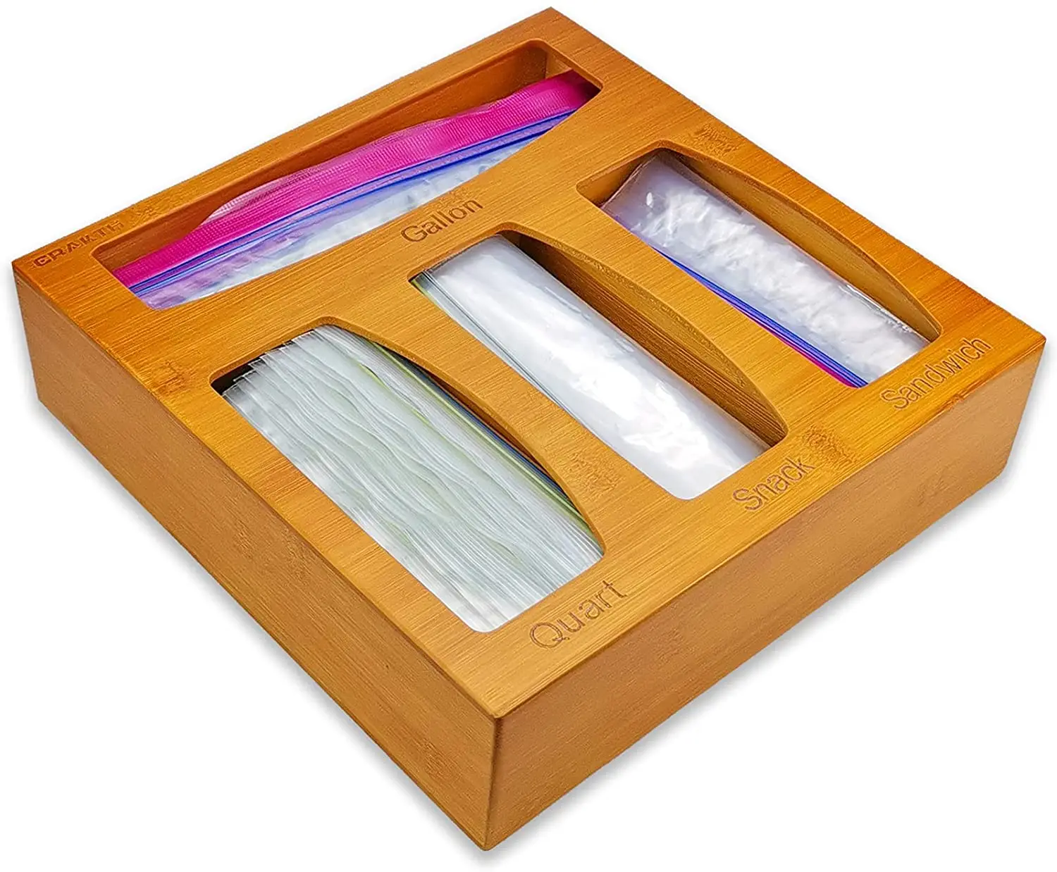 

Bamboo Ziplock Bag Storage Organizer Dispenser for Kitchen Drawer Suitable for Gallon, Quart, Sandwich & Snack Variety Size Bag