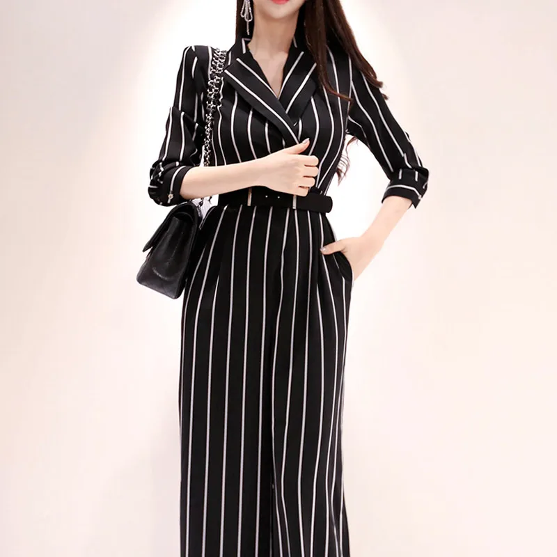 2021 Korean style graceful elegant turn-back collar stripe wide leg designer one piece jumpsuit with long pants for ladies, Black 
2021 Korean style graceful elegant turn-back collar stripe wide leg designer one piece jumpsuit with long pants for ladies, Black
