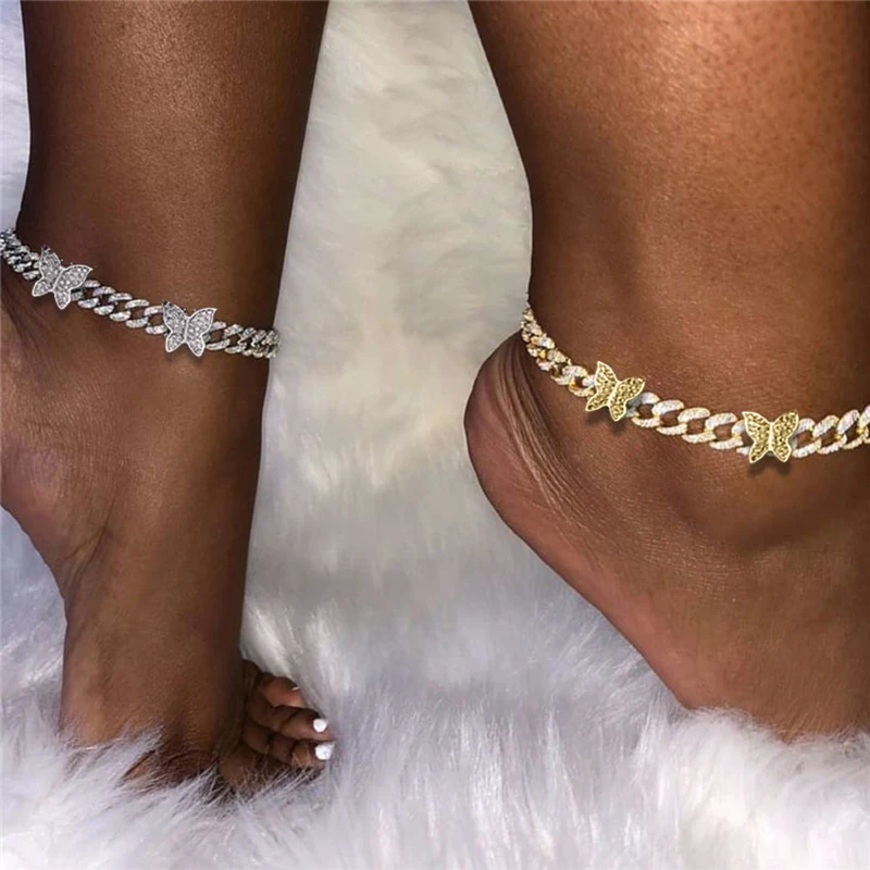 

Fashion Beach Party Sexy Foot Jewelry Bling Iced Out Rhinestone Gold Plated Cuban Chain Link Butterfly Crystal Anklet For Women, Gold silver pink color