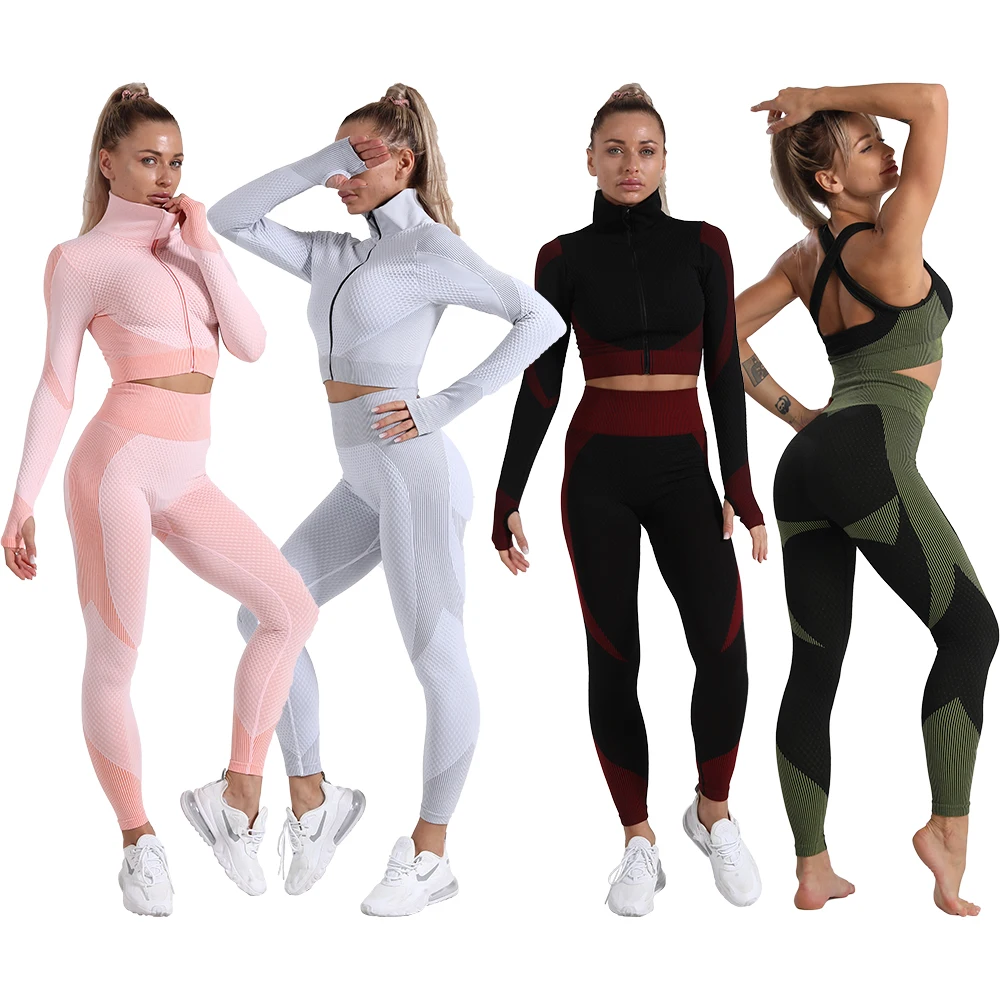Women 3 Piece Crop Top Leggings and Sports Bra Workout Clothing Clothes Seamless Yoga Set with Zipper, Customized colors
Women 3 Piece Crop Top Leggings and Sports Bra Workout Clothing Clothes Seamless Yoga Set with Zipper, Customized colors