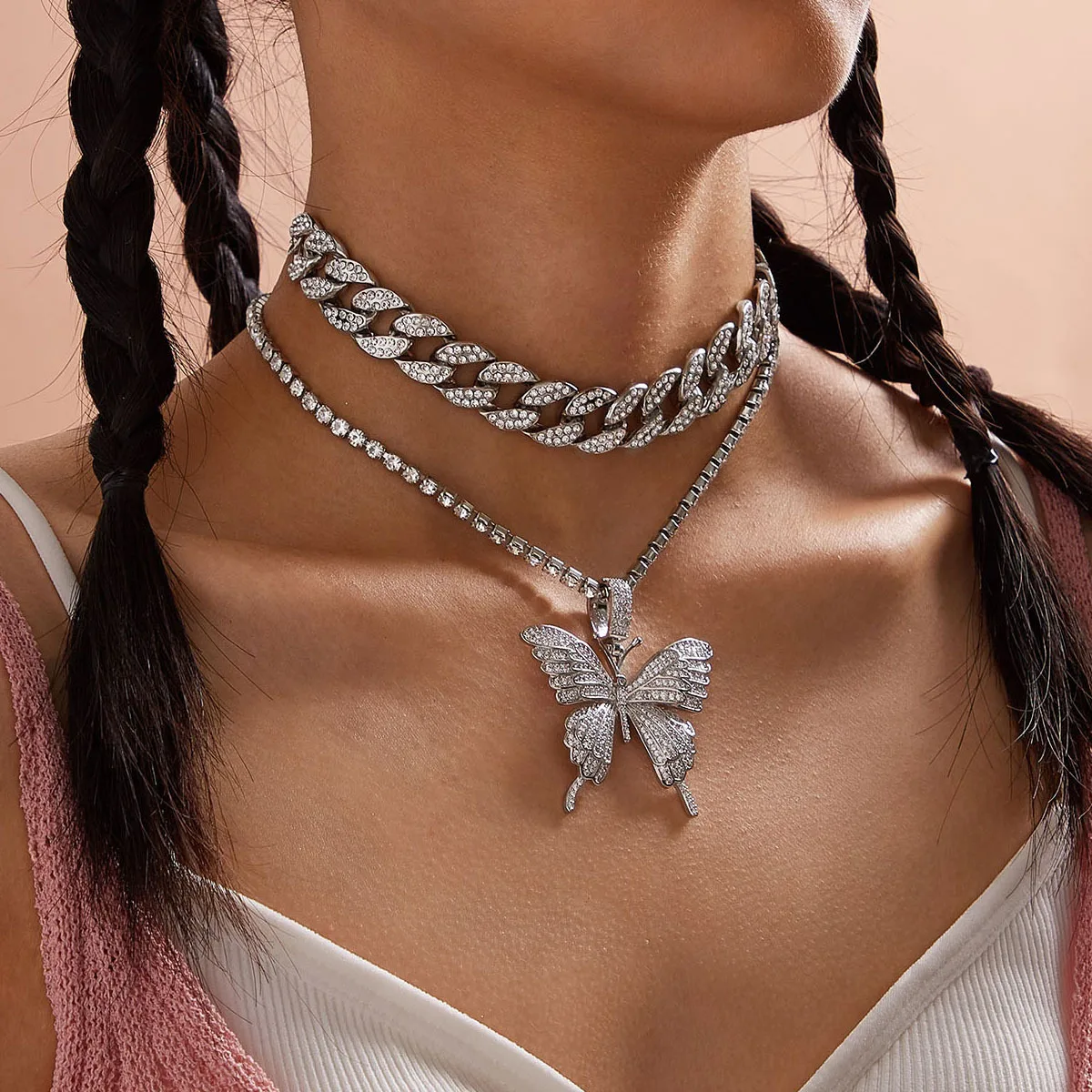 Exaggerated Micro Rhinestone Necklace Set Geometric Cuban Chain Large Butterfly Women Necklace, Gold,silver
Exaggerated Micro Rhinestone Necklace Set Geometric Cuban Chain Large Butterfly Women Necklace, Gold,silver